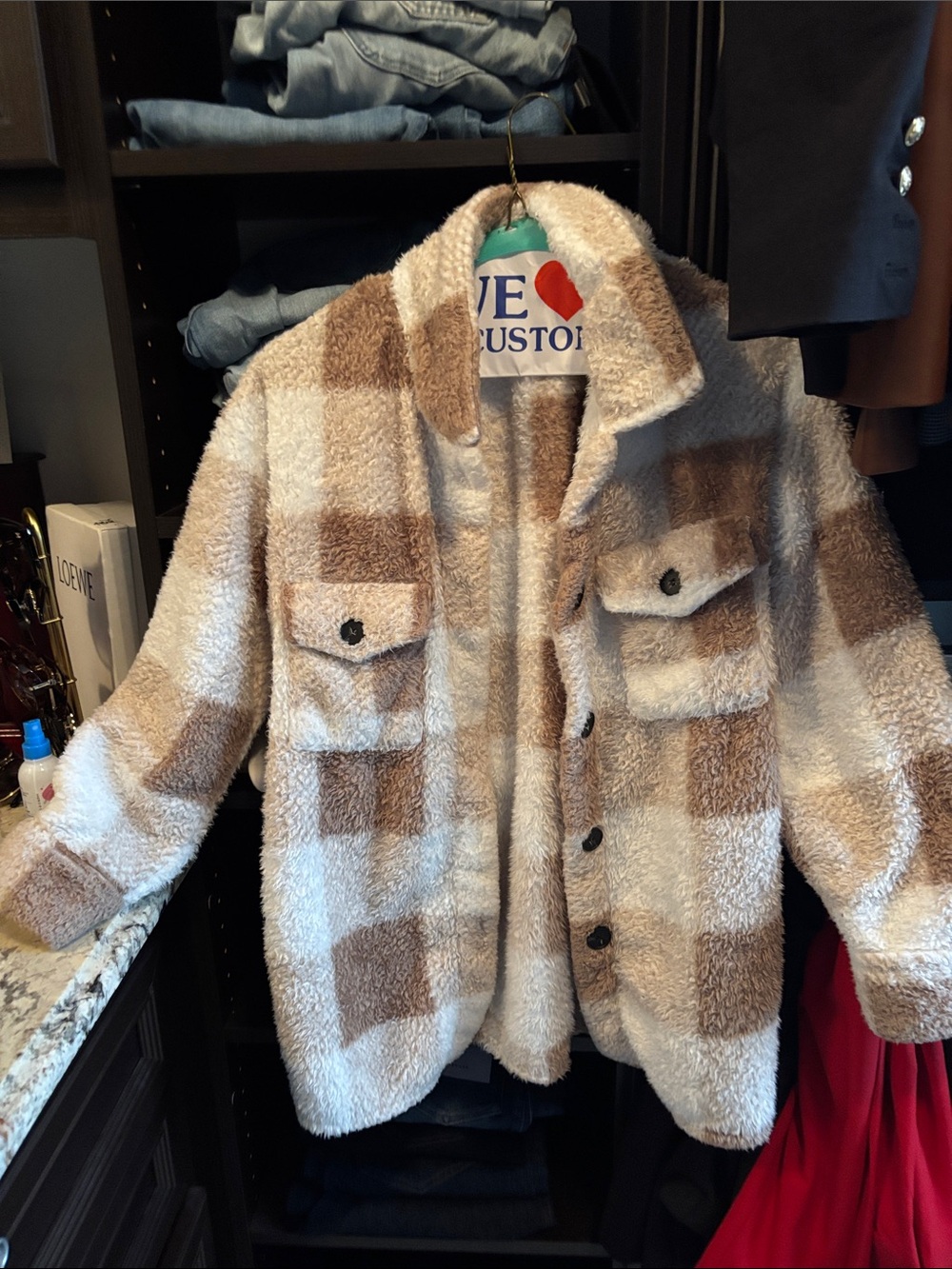 SHEIN Beige and White Check Teddy Jacket